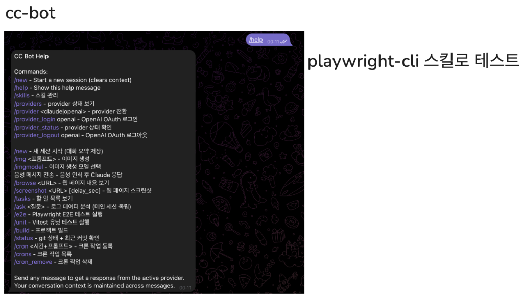 CC Bot 도움말 화면과 Playwright CLI 스킬 기반 테스트 환경